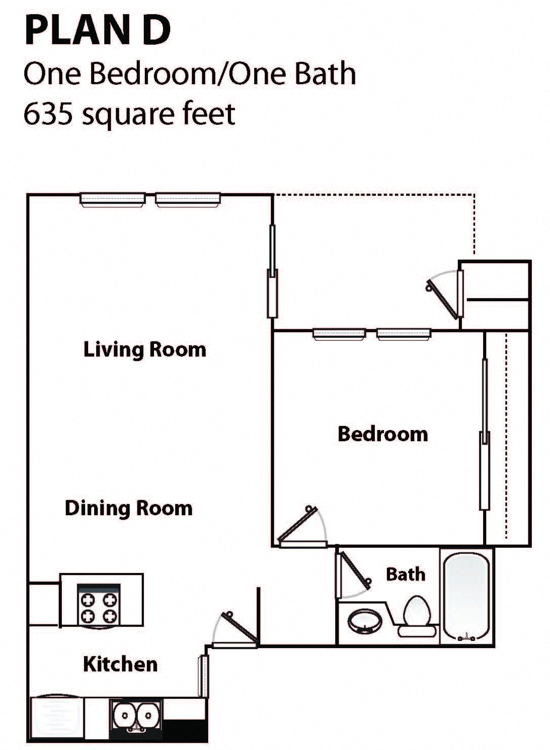 Floor plan for 1 bed, 1 bath, 635 sqft